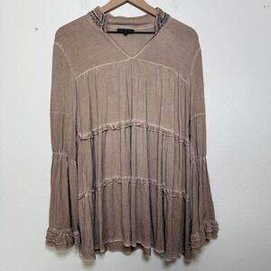 POL Women Forest Fairy Top Large Brown Tiered Flare Sleeve Embroidered Goblincor